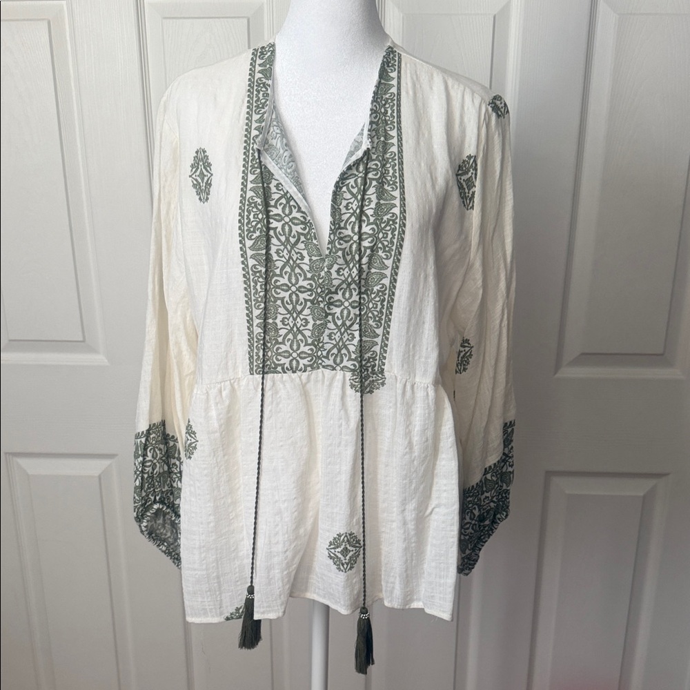 Zara White Blouse with Green Embroidery